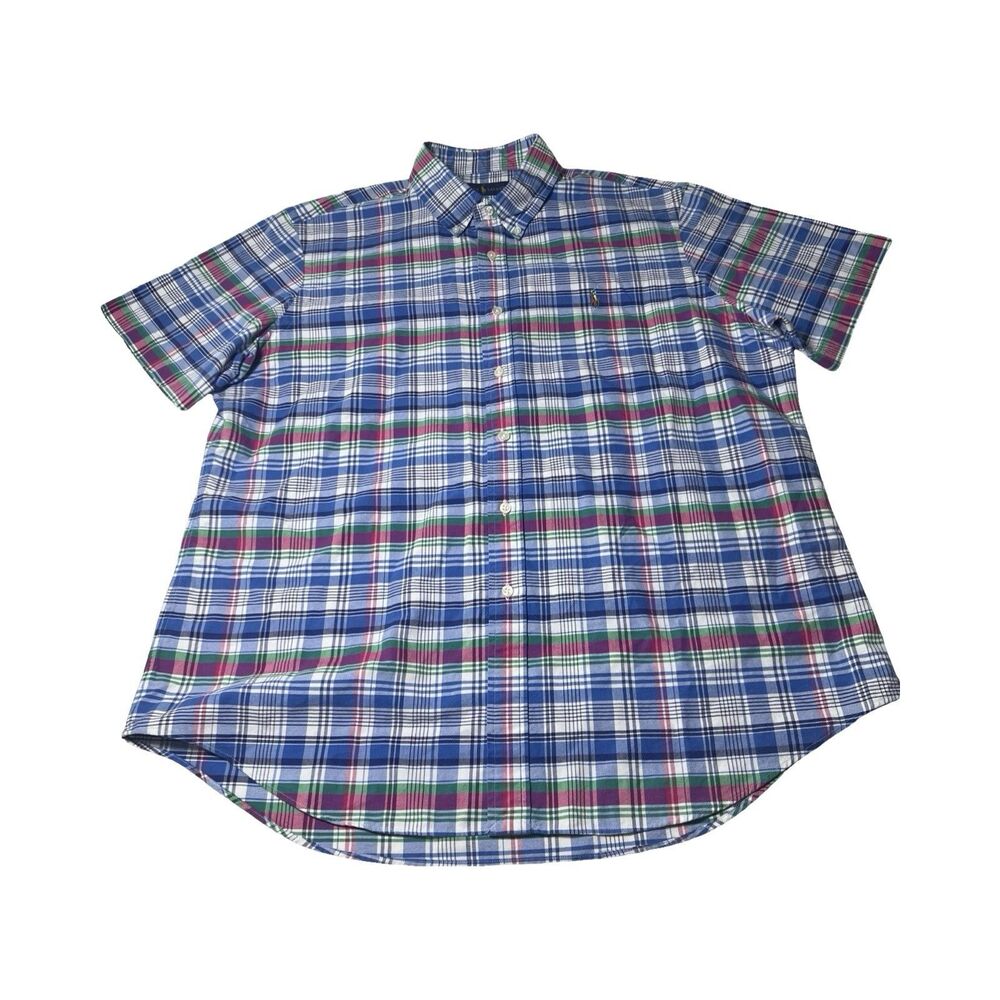 Ralph Lauren Mens XL Short Sleeve Plaid Button Down Shirt Blue Pink Green Cotton